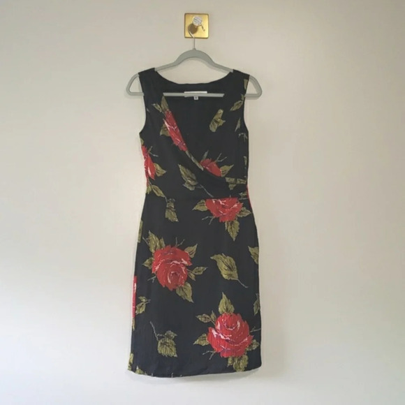 Trina Turk 100% Silk Floral Vintage Sheath Dress 8 Black Red Green Retro Office - Picture 1 of 11